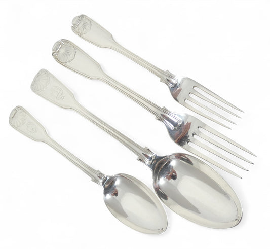 Antique Victorian 48pc Sterling Silver 12pl Cutlery Set Fiddle Thread & Shell