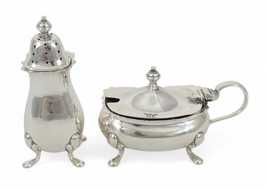 Antique Vintage 1949 Sterling Silver Cruet Set Pepper Pot Mustard Salt Cellar