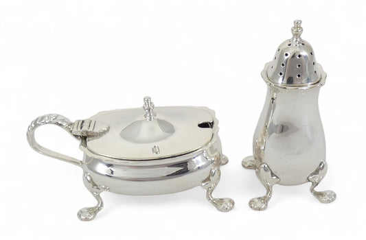 Vintage Australian 2pc Sterling Silver Cruet Set Pepper Pot Mustard Salt Cellar