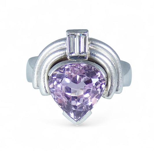 Vintage Heavy Solid 18ct White Gold Pink Kunzite & Diamond Dress Ring 9.5 S 60