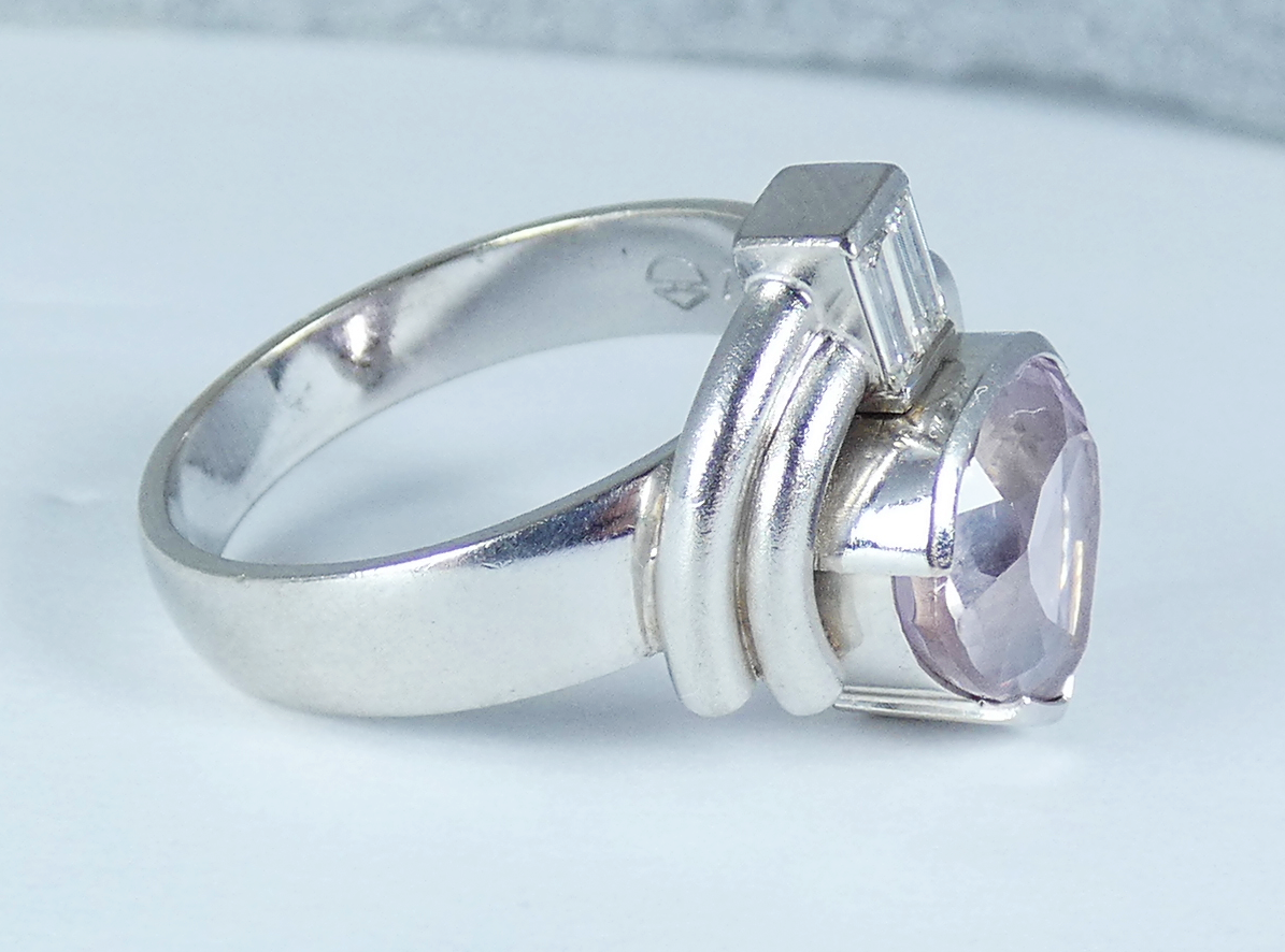 Vintage Heavy Solid 18ct White Gold Pink Kunzite & Diamond Dress Ring 9.5 S 60