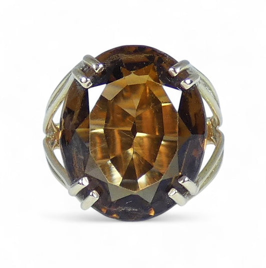Vintage Solid 9ct Yellow Gold 16mm Smoky Quartz Cocktail Dress Ring Size 6 L 51