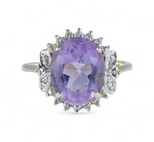 Vintage Solid 9ct Yellow Gold Amethyst Diamond Cluster Dress Ring Size 6.5 M 52