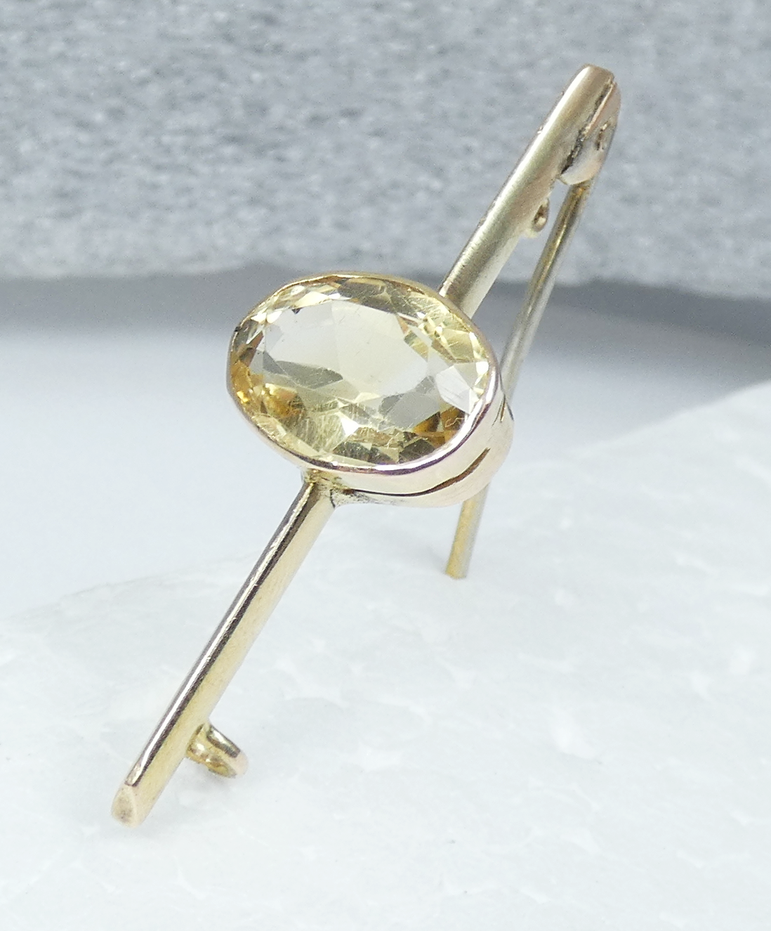 Antique Edwardian 1910 Solid 9ct Yellow Gold 3.43ct Oval Citrine Bar Brooch Pin