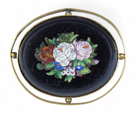 Antique Victorian 9ct Yellow Gold & Onyx Pietra Dura Micro Mosaic Flower Brooch