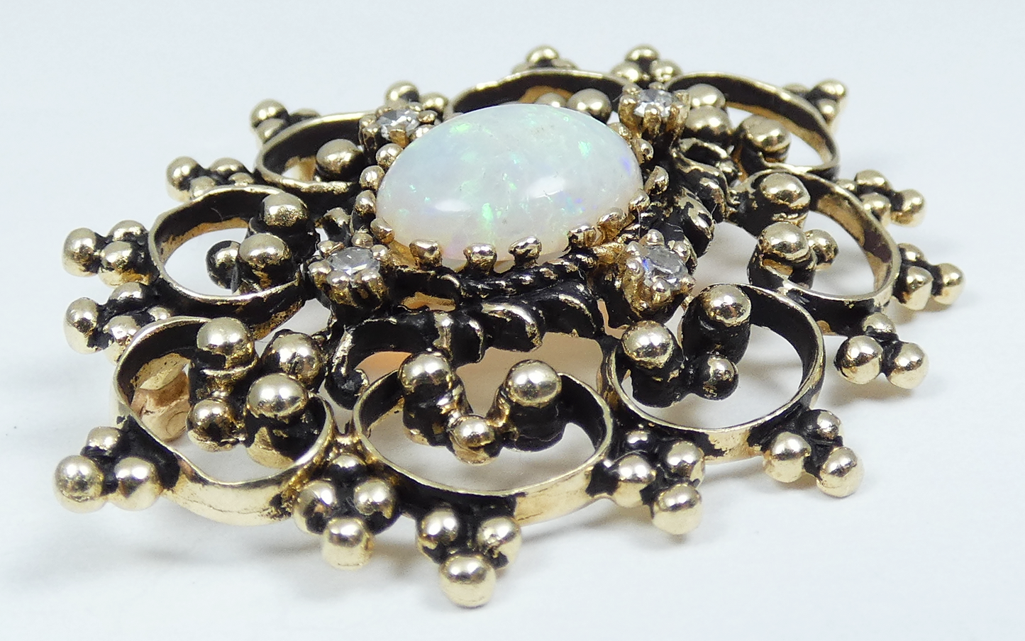 Vintage 14ct Yellow Gold Solid Opal & Diamond Filigree Necklace Pendant Brooch