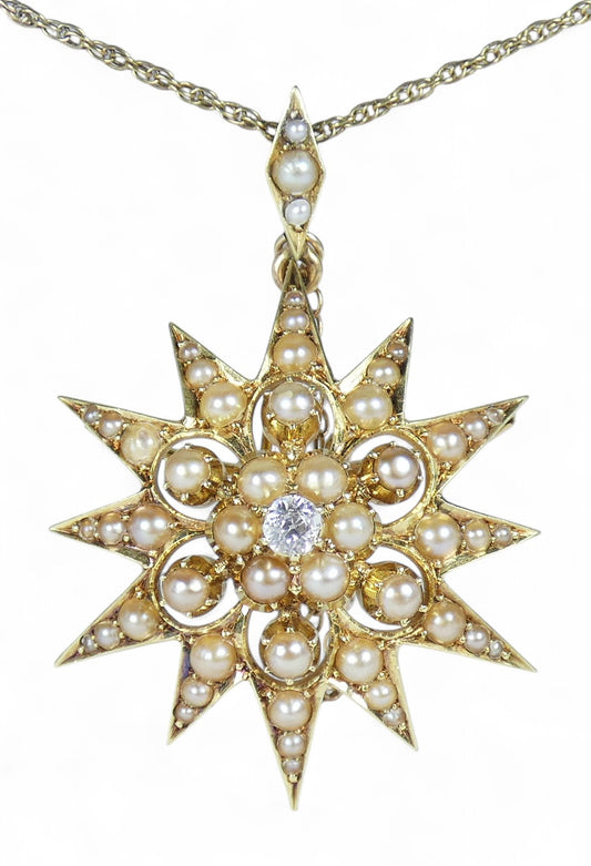 Antique Victorian 15ct Yellow Gold Pearl Diamond Sun Star Burst Pendant Brooch