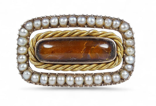 Antique Victorian Solid 9ct Yellow Gold Red Stone & Seed Pearl Mourning Brooch
