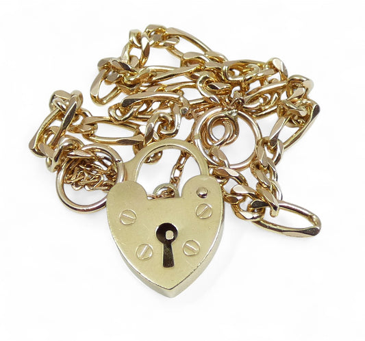 Solid 9ct Yellow Gold 18cm 7" Charm Bracelet 4mm Figaro Link Chain Padlock Clasp