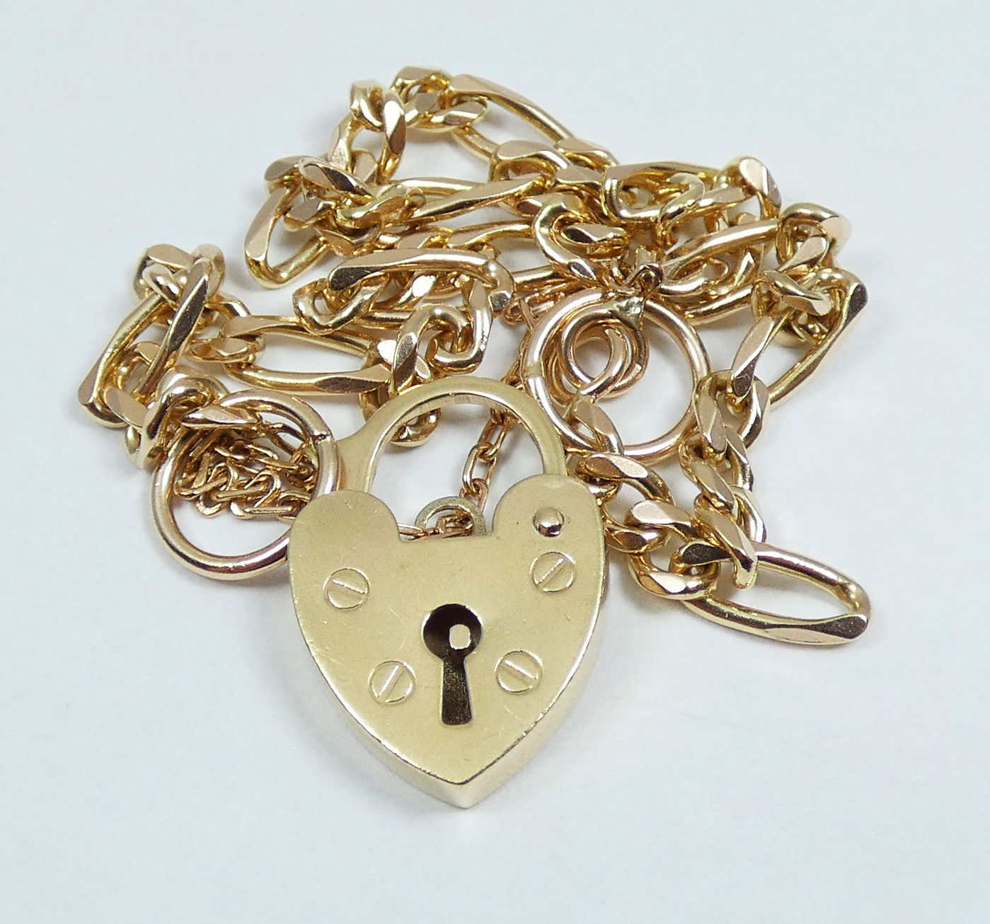 Solid 9ct Yellow Gold 18cm 7" Charm Bracelet 4mm Figaro Link Chain Padlock Clasp