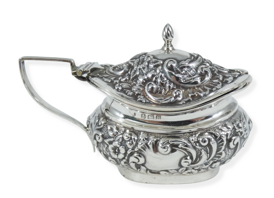 Antique Edwardian 1907 Sterling Silver Mustard Cruet Pot Blue Glass Repousse WA