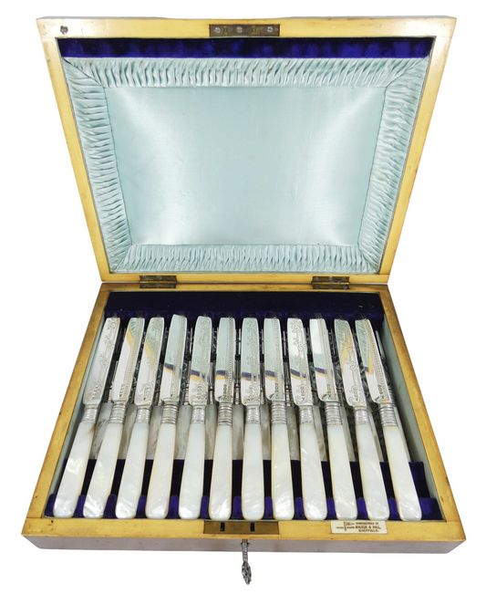 Antique Edwardian 1907 24pc Sterling Silver MOP Boxed Fruit Dessert Cutlery Set
