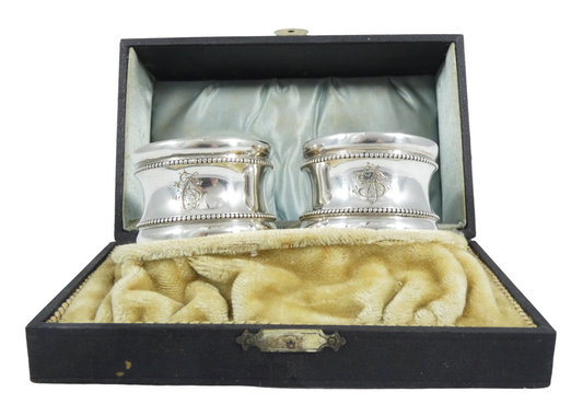 Antique Art Deco Boxed Pair of Dutch Solid 833 Silver Napkin Serviette Rings Set