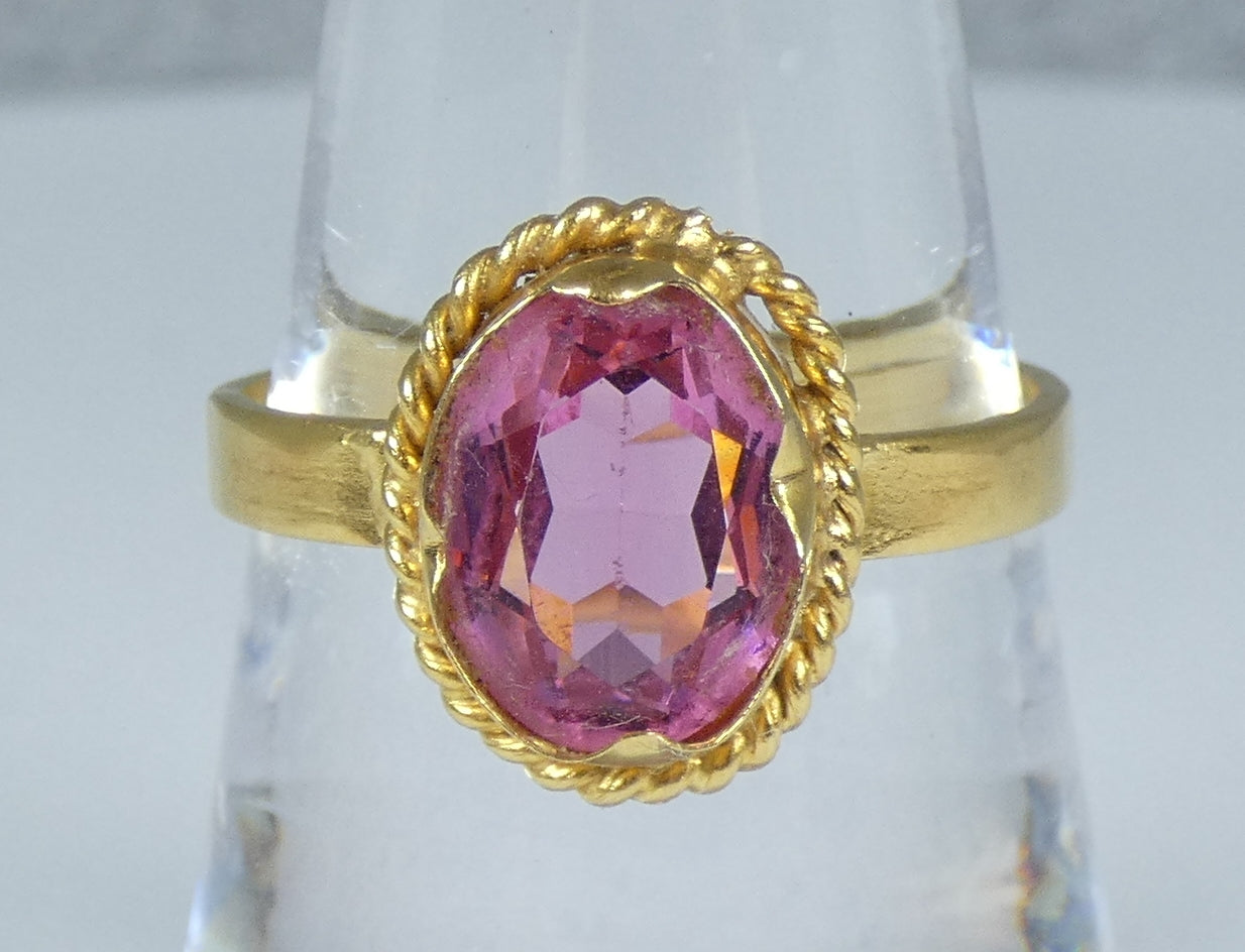 Vintage Solid 18ct Yellow Gold Pink Tourmaline Glass Cocktail Ring Size 7.5 O 55