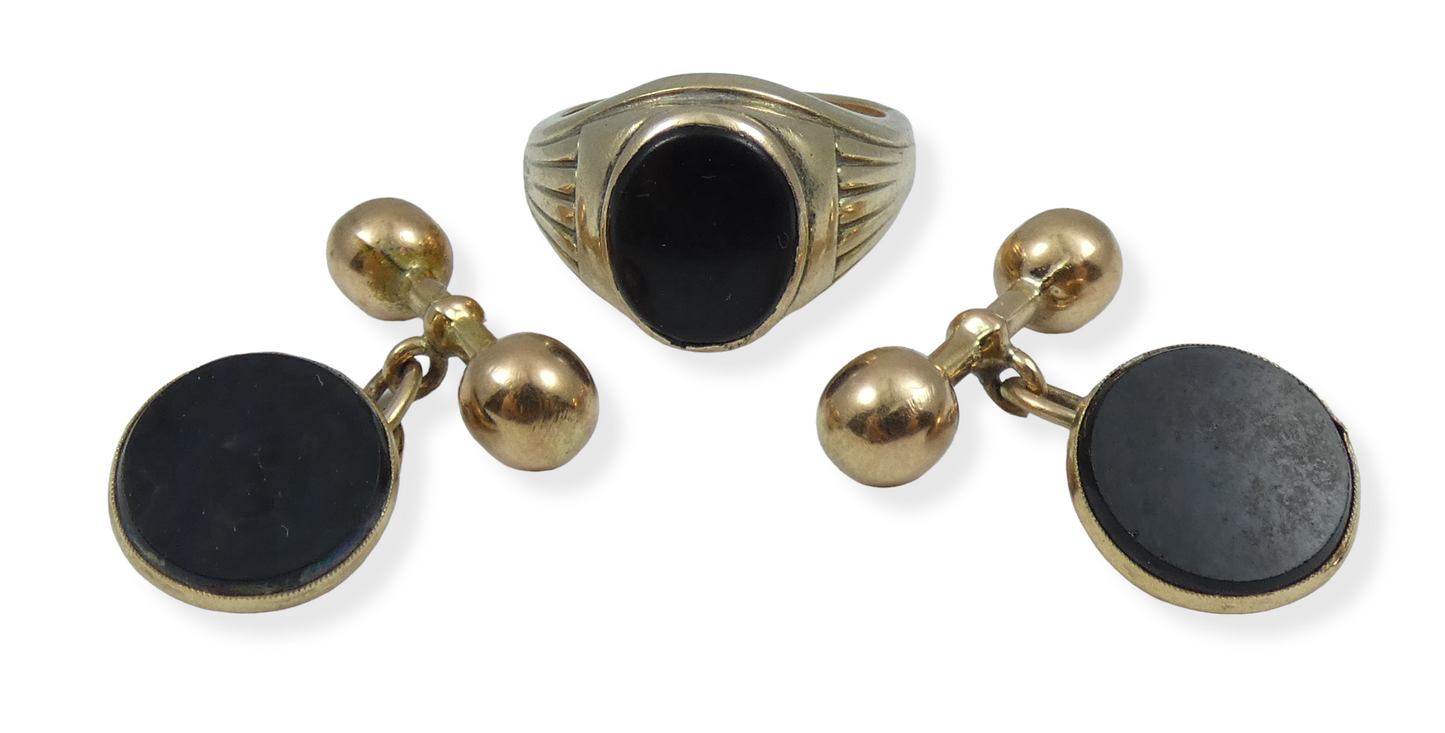 Vintage Large 9ct Yellow Gold Black Onyx 3pc Mens Signet Ring Cufflink Set 59 R