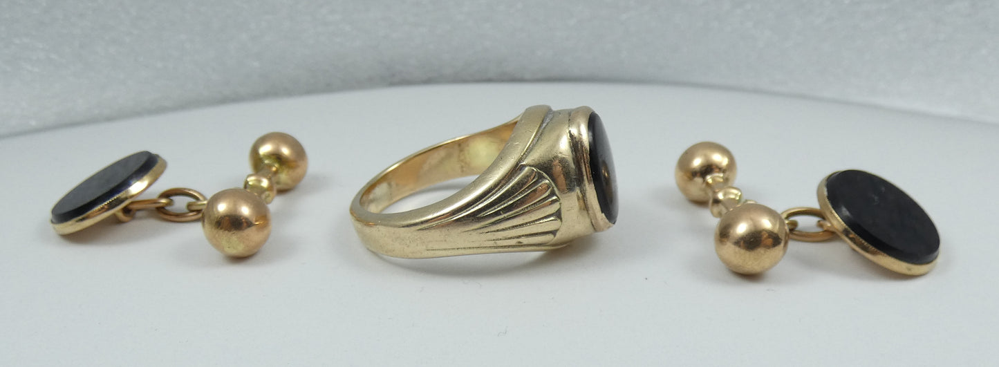 Vintage Large 9ct Yellow Gold Black Onyx 3pc Mens Signet Ring Cufflink Set 59 R