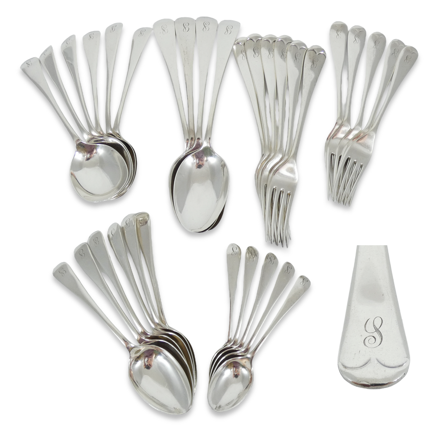 Antique Art Deco 1922 32pc 6p Sterling Silver Cutlery Set Old English Fork Spoon
