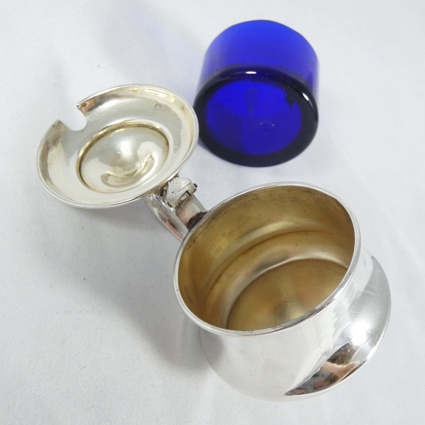 Antique Edwardian 1919 Sterling Silver & Blue Glass Lidded Mustard Pot Dish Set
