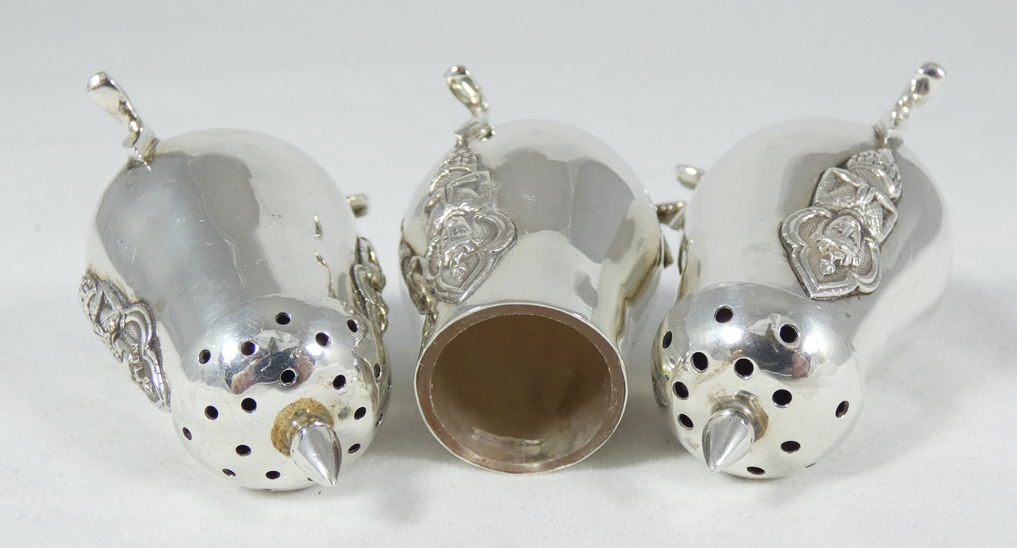 Antique Vintage Thailand Sterling Silver Goddess 3p Cruet Set Salt Pepper Shaker