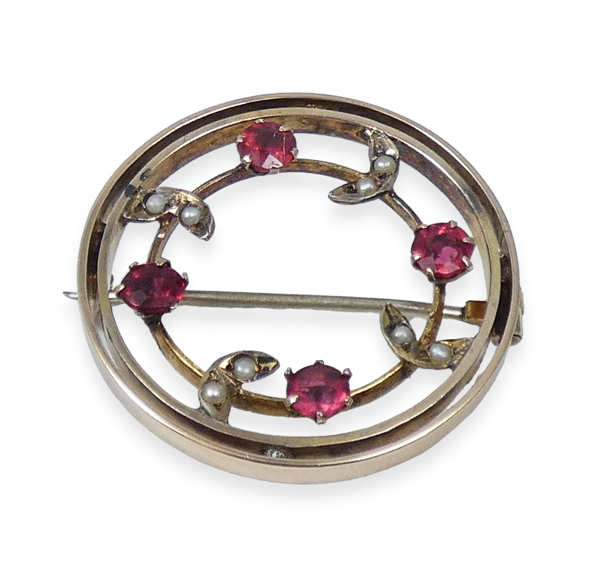 Antique Edwardian 1900 Solid 9ct Yellow Gold Ruby Seed Pearl Wreath Brooch Pin