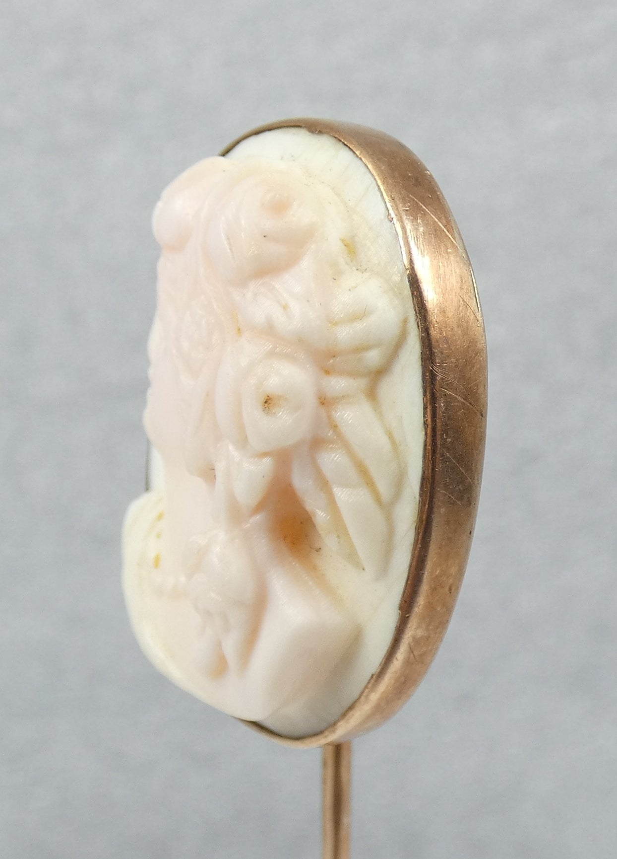 Antique Edwardian Solid 9ct Gold Large 95mm Conch Shell Cameo Stick Hat Pin Lady