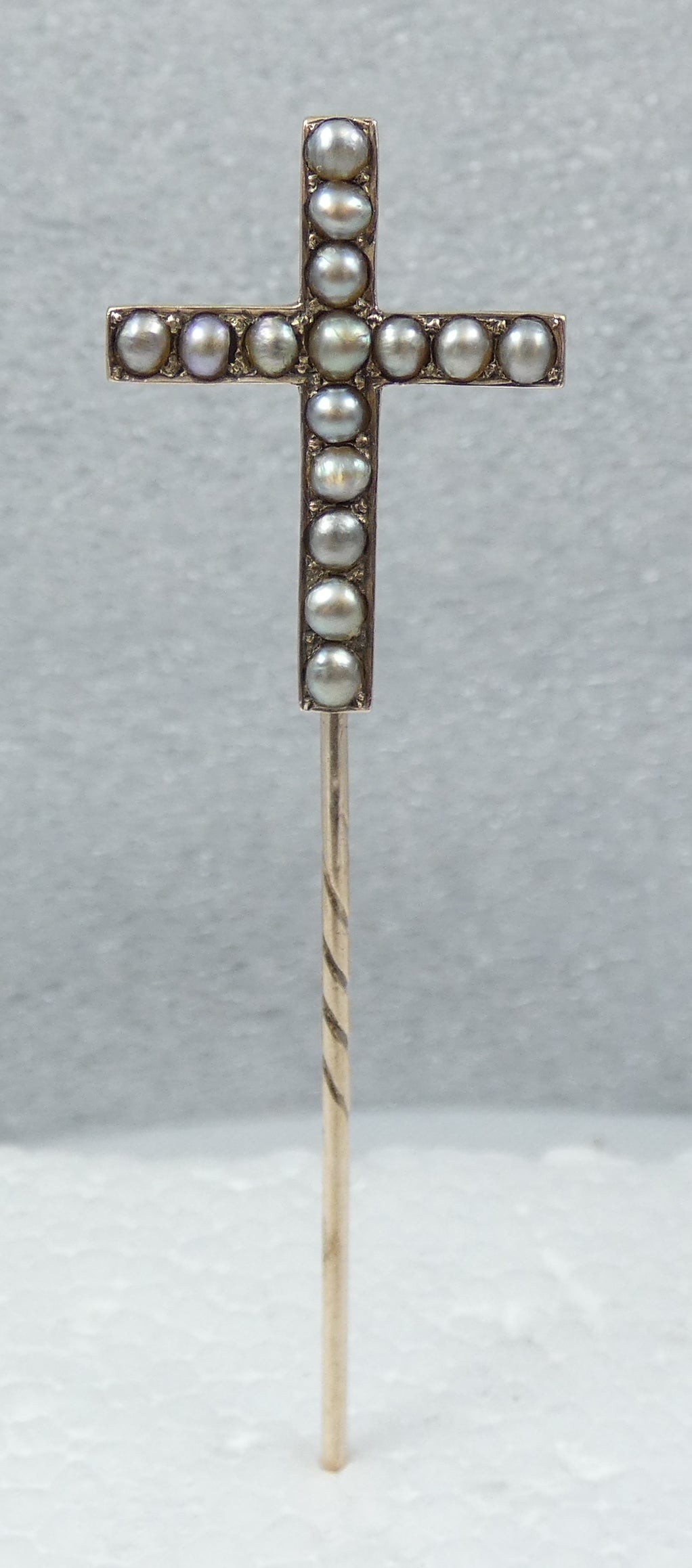 Antique Edwardian 1900 Solid 9ct Gold & Pearl Crucifix Cross Hat Stick Hair Pin