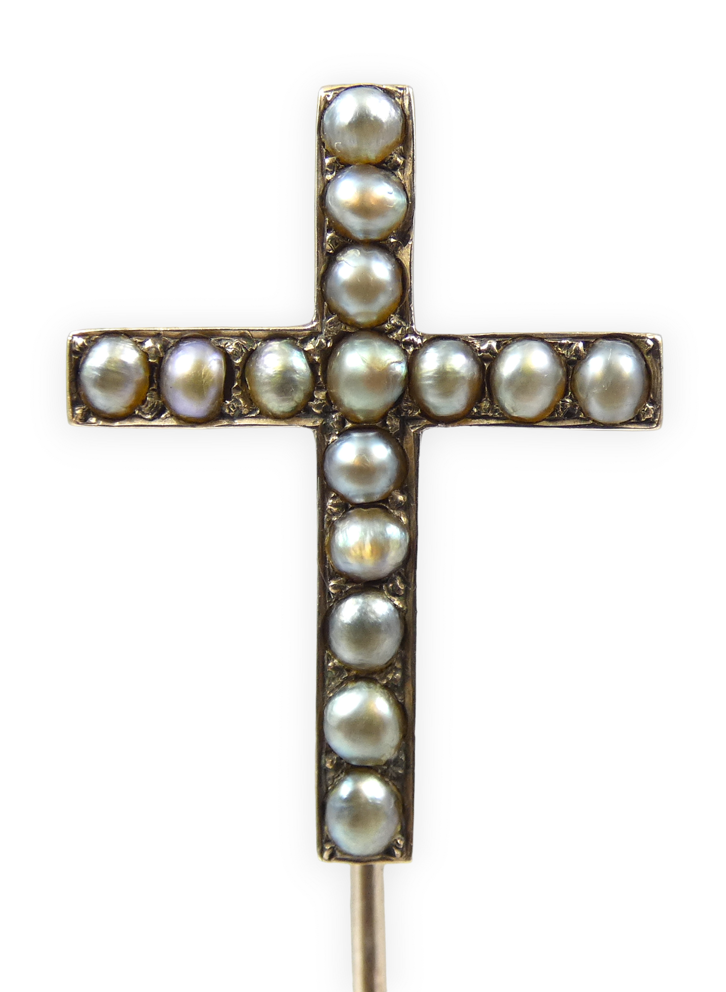 Antique Edwardian 1900 Solid 9ct Gold & Pearl Crucifix Cross Hat Stick Hair Pin