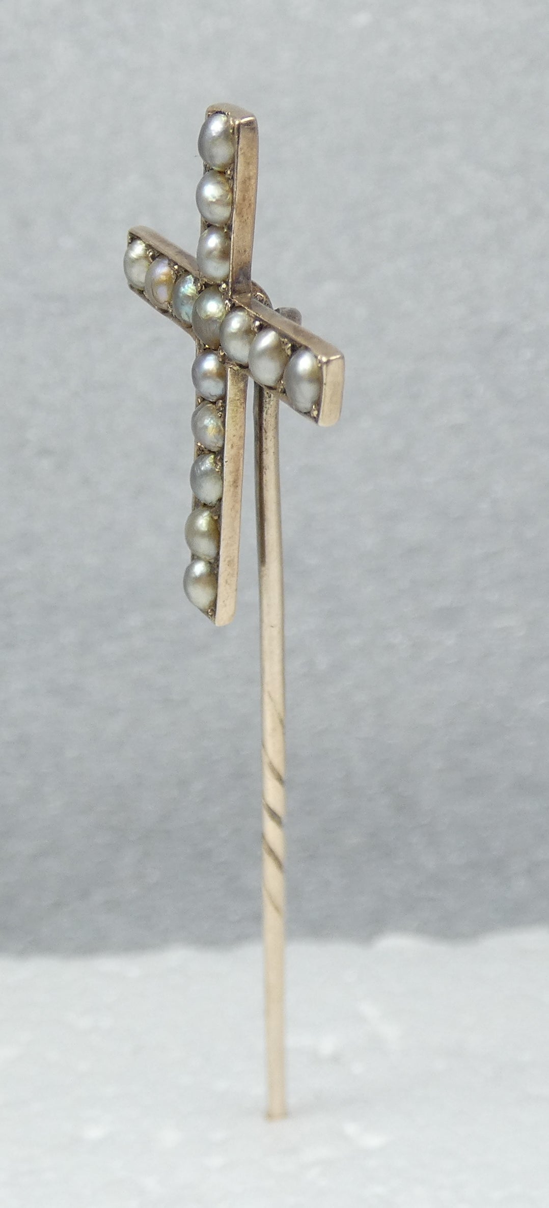 Antique Edwardian 1900 Solid 9ct Gold & Pearl Crucifix Cross Hat Stick Hair Pin