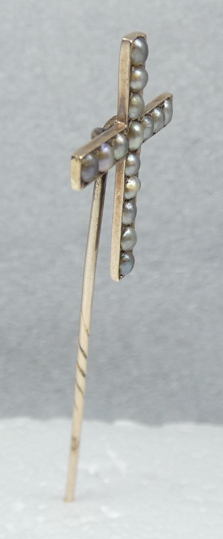 Antique Edwardian 1900 Solid 9ct Gold & Pearl Crucifix Cross Hat Stick Hair Pin