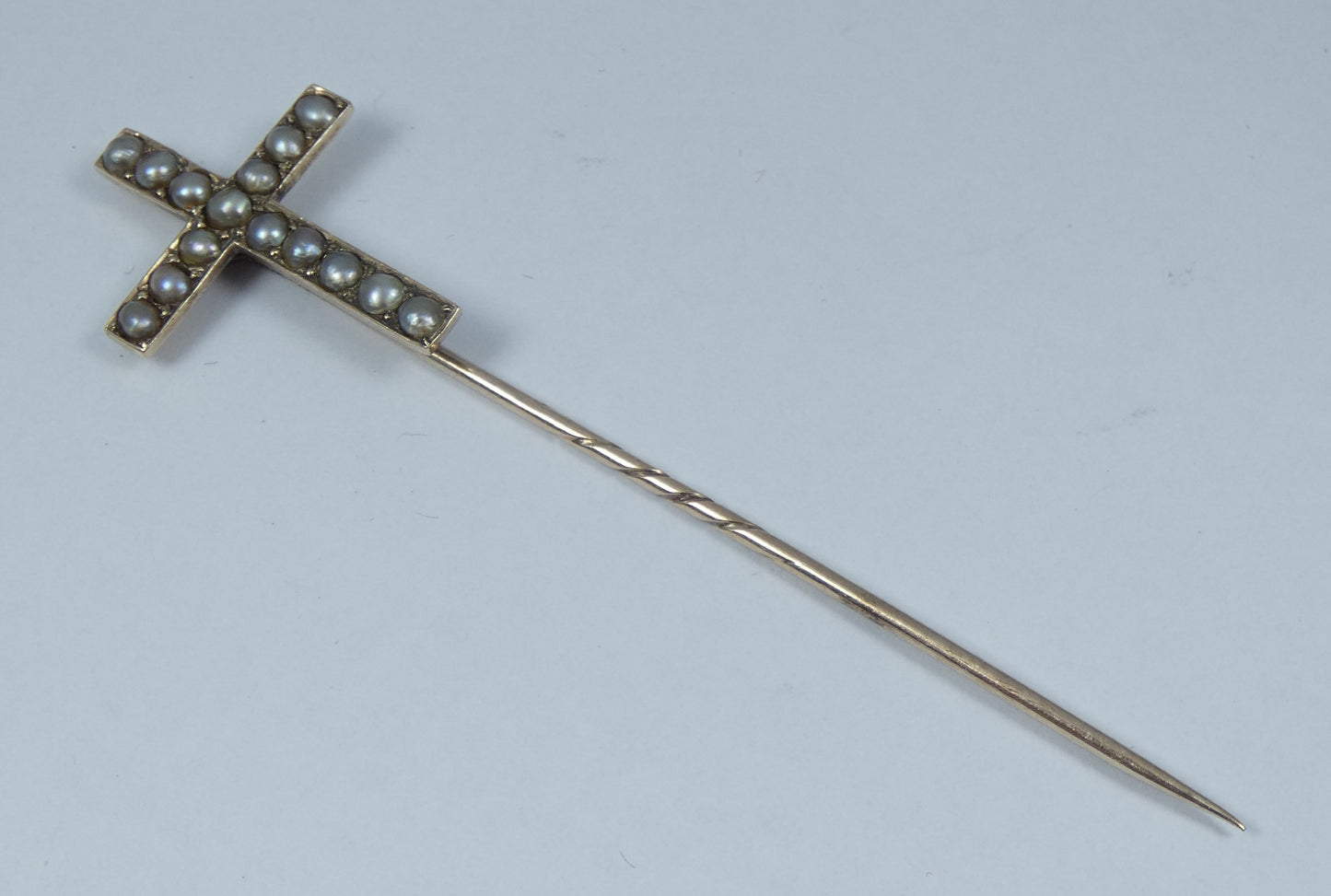Antique Edwardian 1900 Solid 9ct Gold & Pearl Crucifix Cross Hat Stick Hair Pin