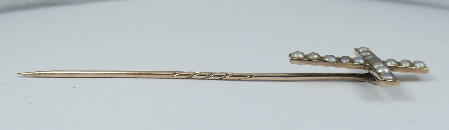 Antique Edwardian 1900 Solid 9ct Gold & Pearl Crucifix Cross Hat Stick Hair Pin