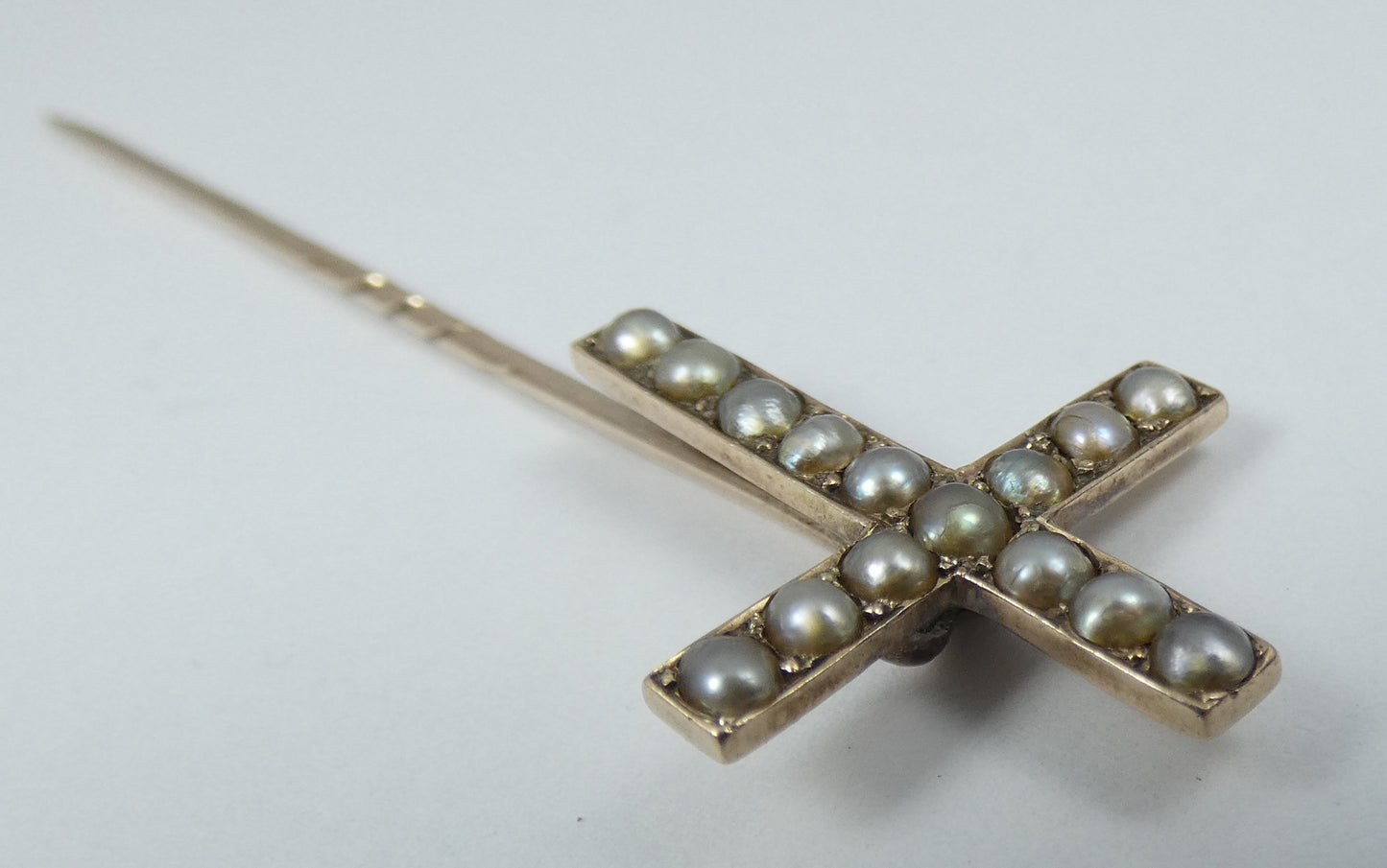 Antique Edwardian 1900 Solid 9ct Gold & Pearl Crucifix Cross Hat Stick Hair Pin