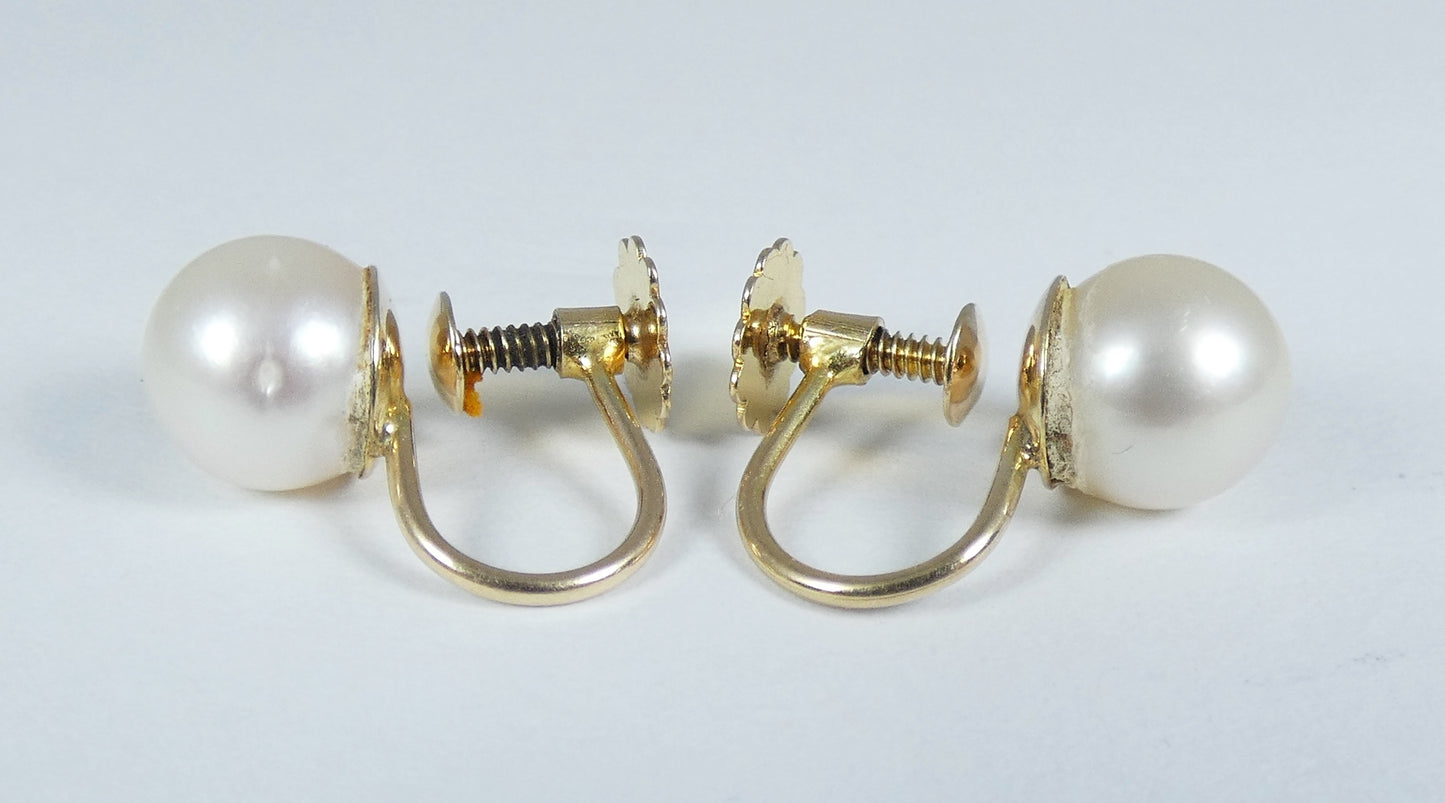 Vintage Pair Set of Solid 9ct Yellow Gold & 7.5mm Pearl Screw On Back Earrings