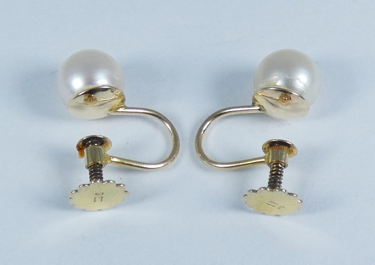 Vintage Pair Set of Solid 9ct Yellow Gold & 7.5mm Pearl Screw On Back Earrings