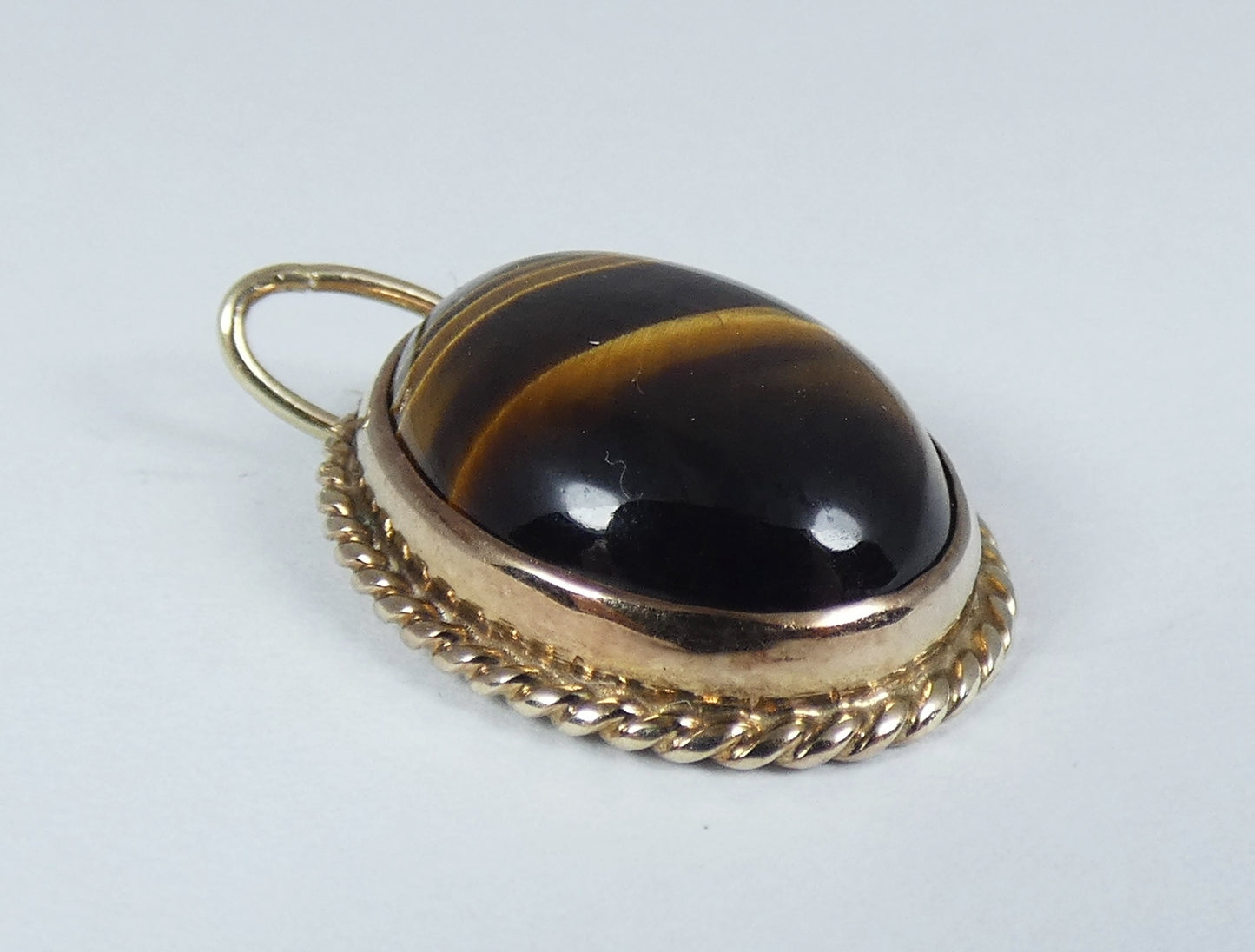 Antique Vintage Solid 9ct Yellow Gold & Oval Tiger's Eye 19mm Necklace Pendant