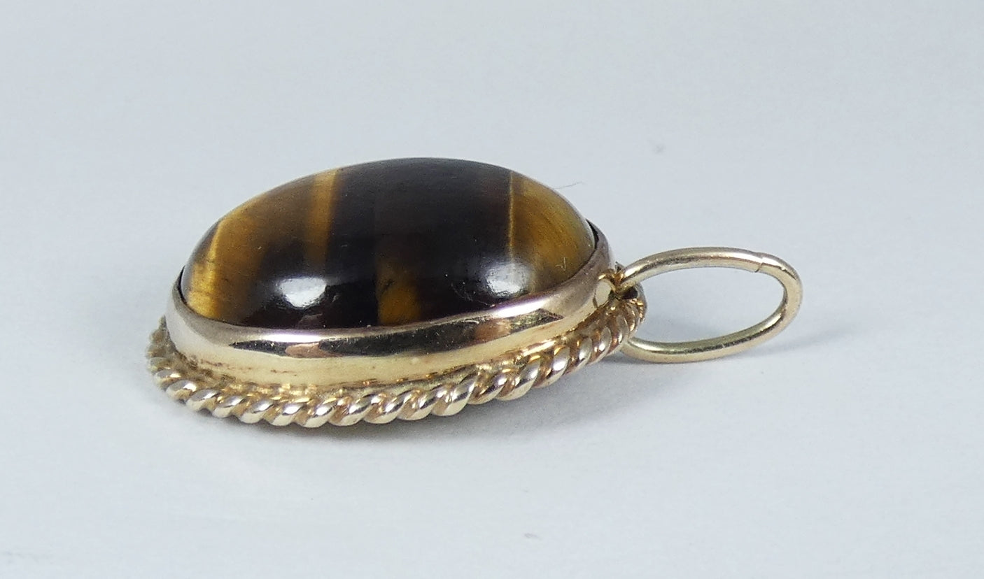 Antique Vintage Solid 9ct Yellow Gold & Oval Tiger's Eye 19mm Necklace Pendant