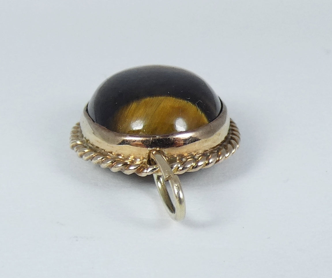 Antique Vintage Solid 9ct Yellow Gold & Oval Tiger's Eye 19mm Necklace Pendant