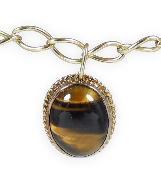 Antique Vintage Solid 9ct Yellow Gold & Oval Tiger's Eye 19mm Necklace Pendant