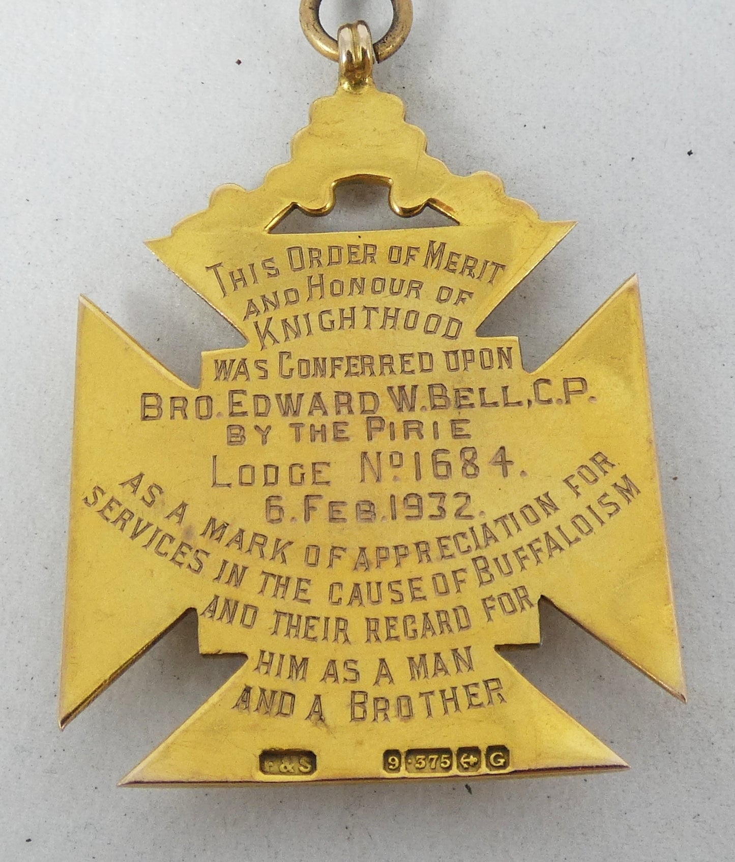 Antique 1932 Heavy 22gm 9ct Yellow Gold RAOB Medal Pendant Royal Buffaloes Sash