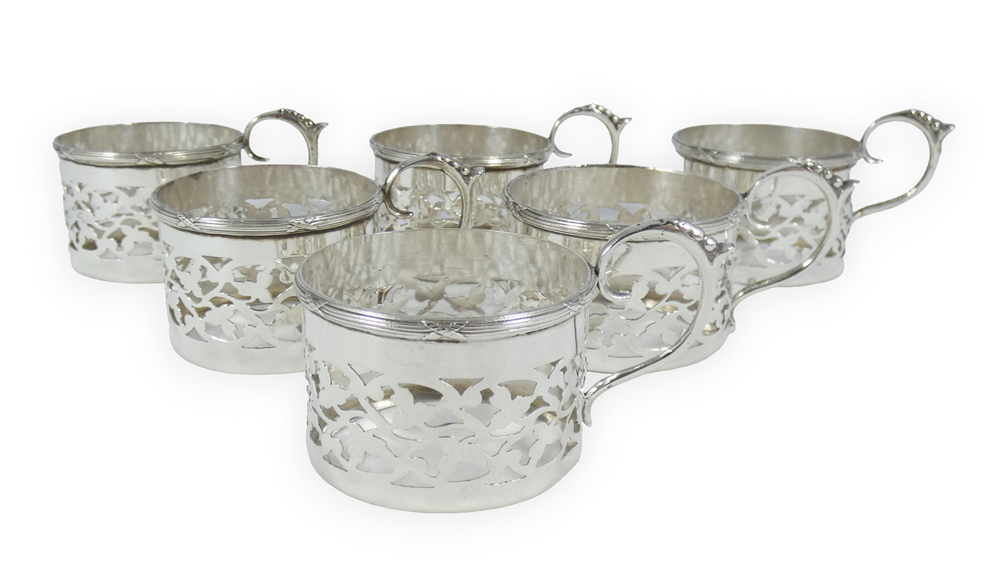 Antique Edwardian Set of 6 Sterling Silver Demitasse Coffee Liqueur Cup Holders