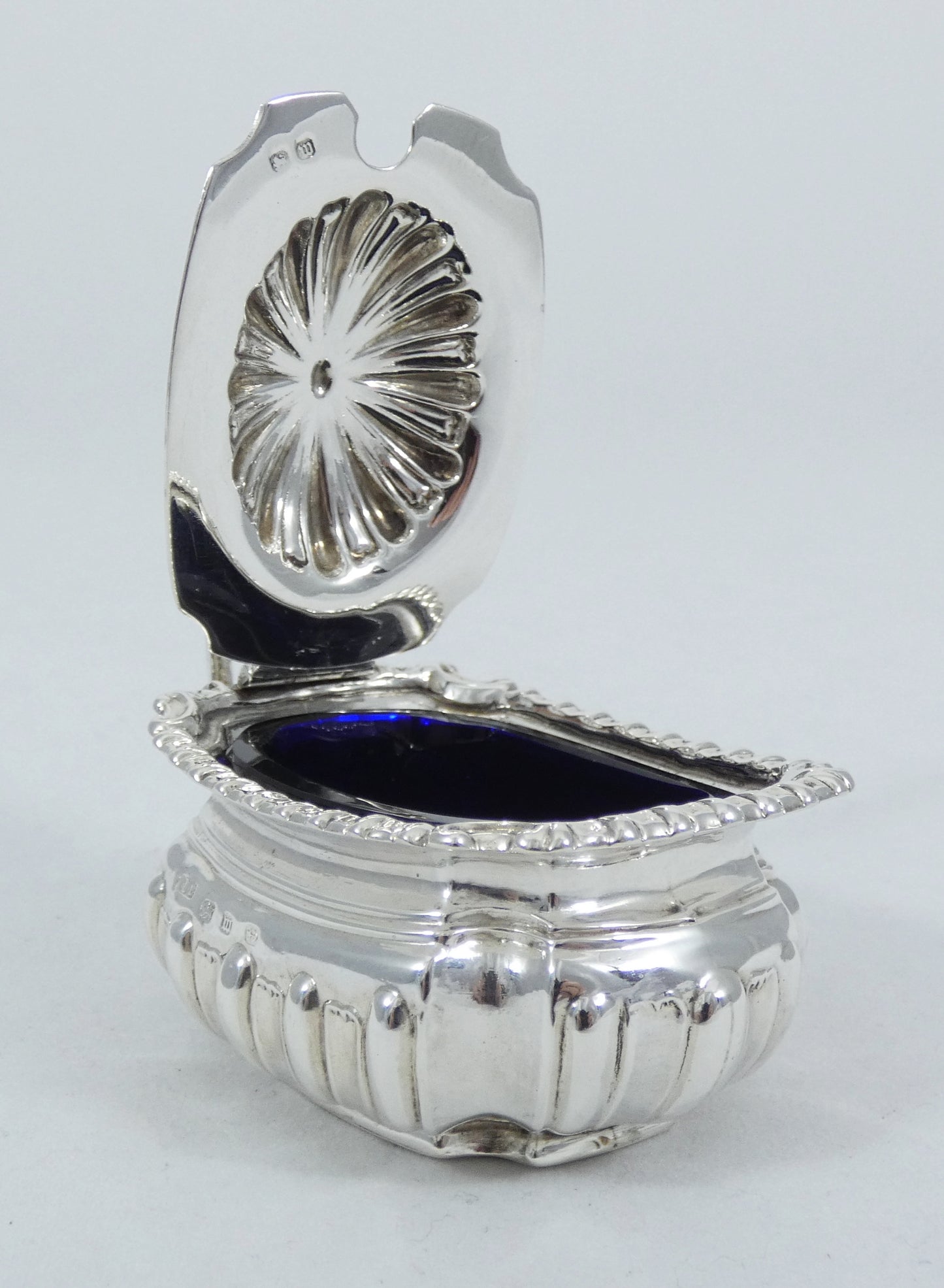 Antique Victorian 1896 Sterling Silver Blue Glass Mustard Pot Bowl Dish Cruet EB