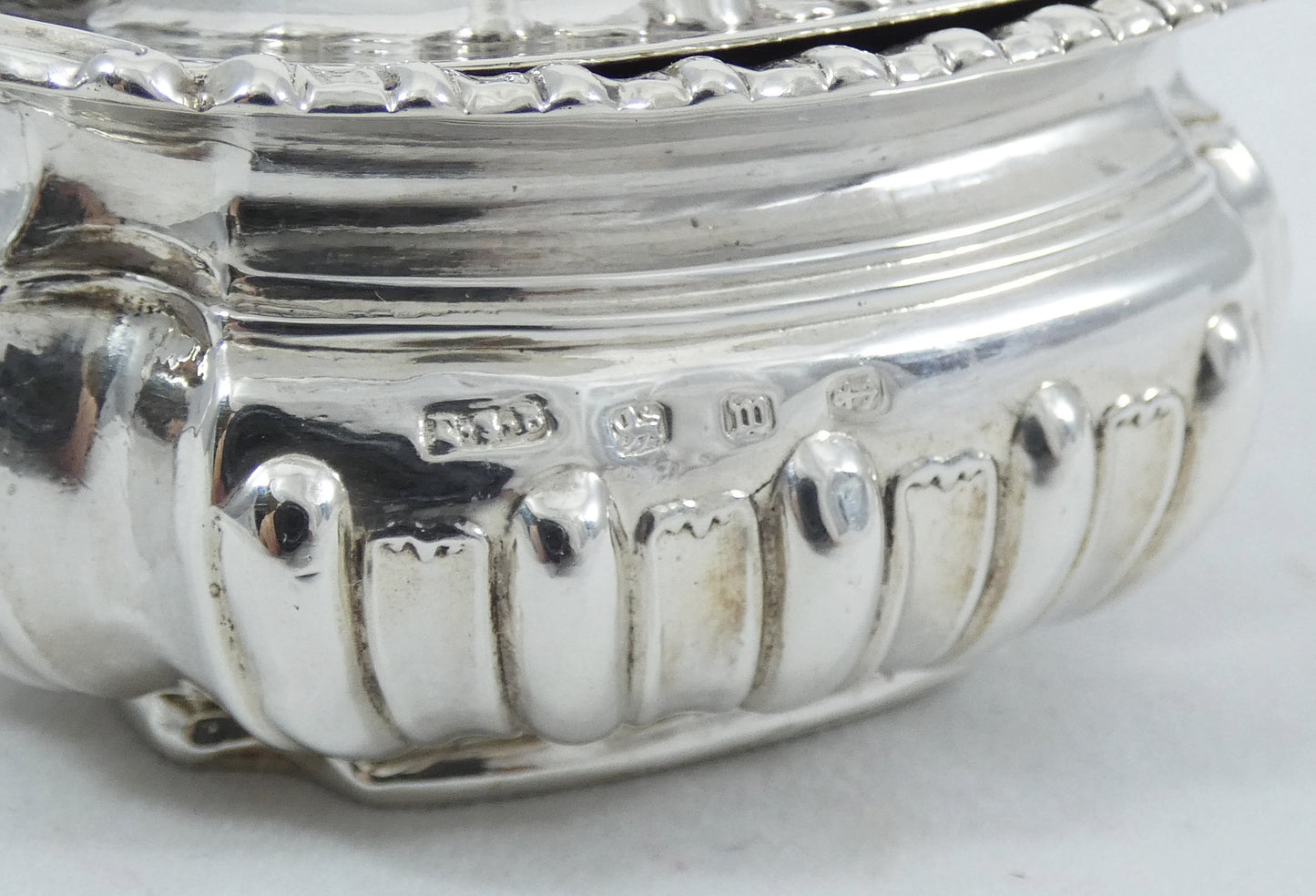 Antique Victorian 1896 Sterling Silver Blue Glass Mustard Pot Bowl Dish Cruet EB