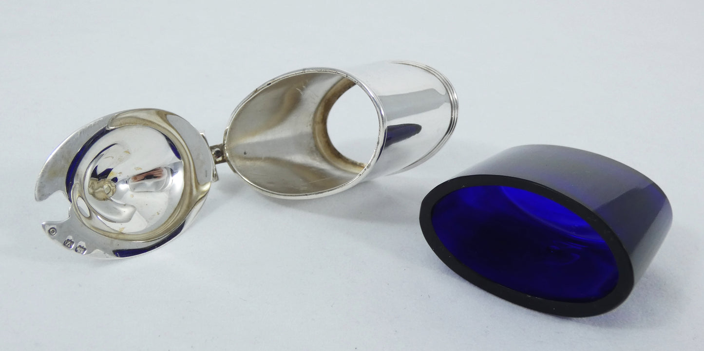 Antique Art Deco 1920 Sterling Silver Blue Glass Mustard Pot Bowl Dish Cruet Set