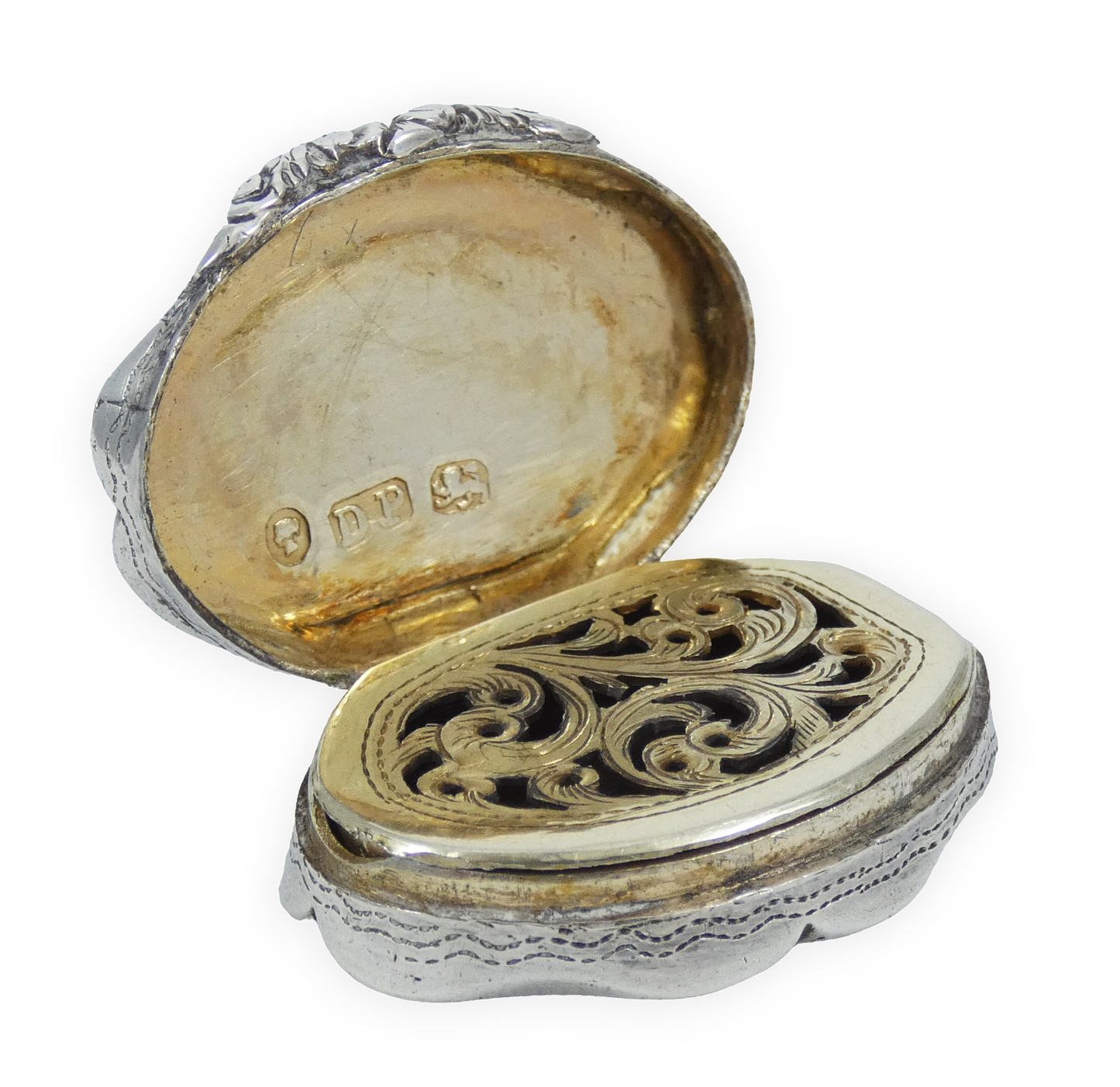 Antique Victorian 1853 Sterling Silver Vinaigrette Scent Pill Box & Grille Case