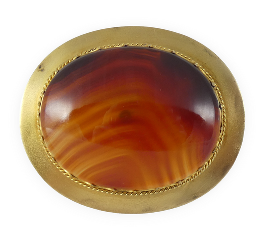 Antique Victorian 1880 Solid 18ct Yellow Gold Large Banded Agate Brooch Pin 32gm