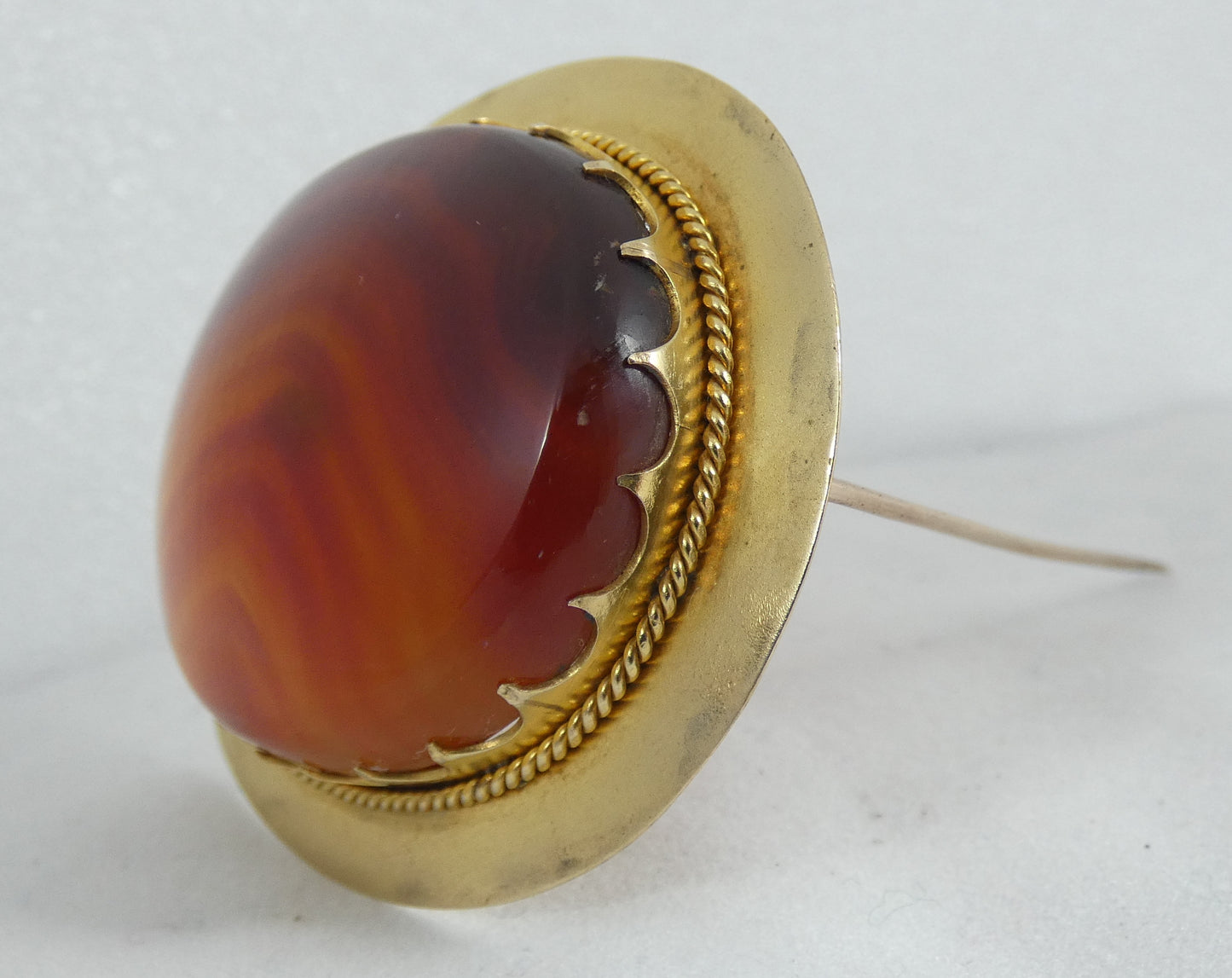 Antique Victorian 1880 Solid 18ct Yellow Gold Large Banded Agate Brooch Pin 32gm