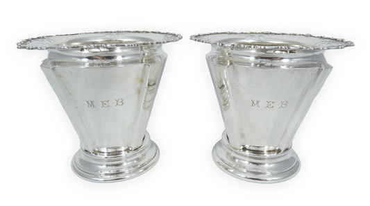 Antique Edwardian 1910 Pair of Sterling Silver 12cm Mantle Flower Vases Pots Set