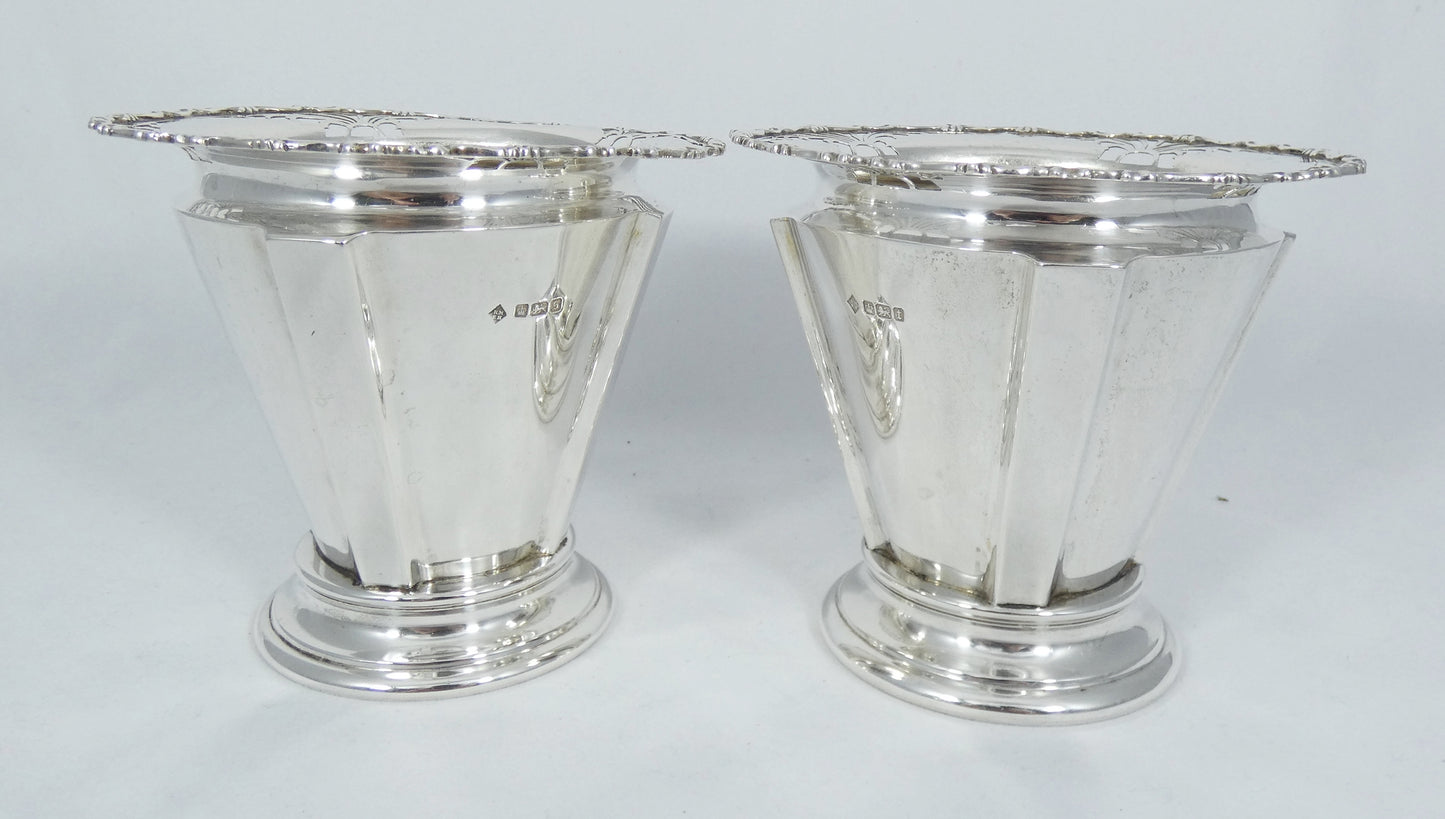 Antique Edwardian 1910 Pair of Sterling Silver 12cm Mantle Flower Vases Pots Set