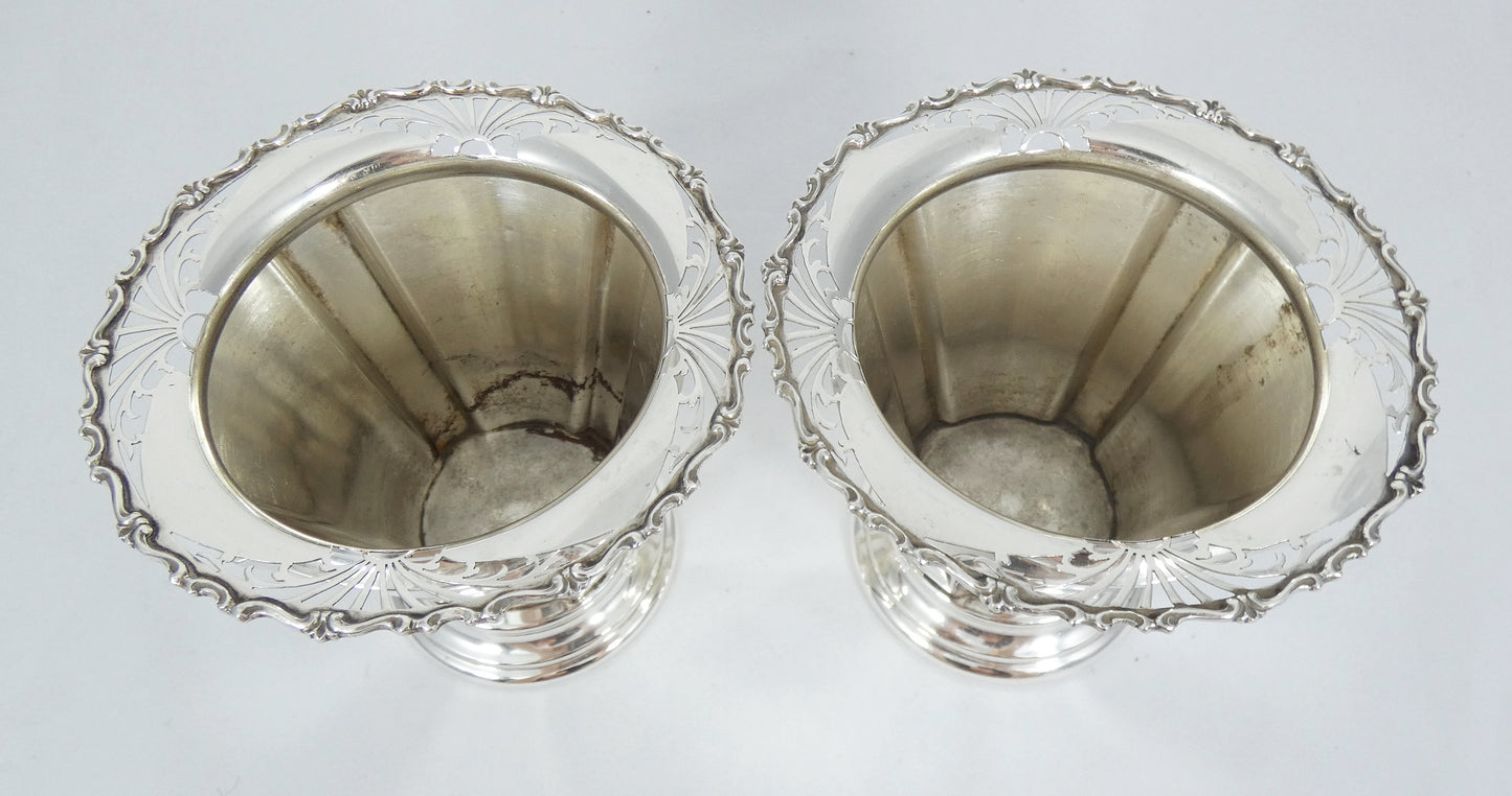 Antique Edwardian 1910 Pair of Sterling Silver 12cm Mantle Flower Vases Pots Set