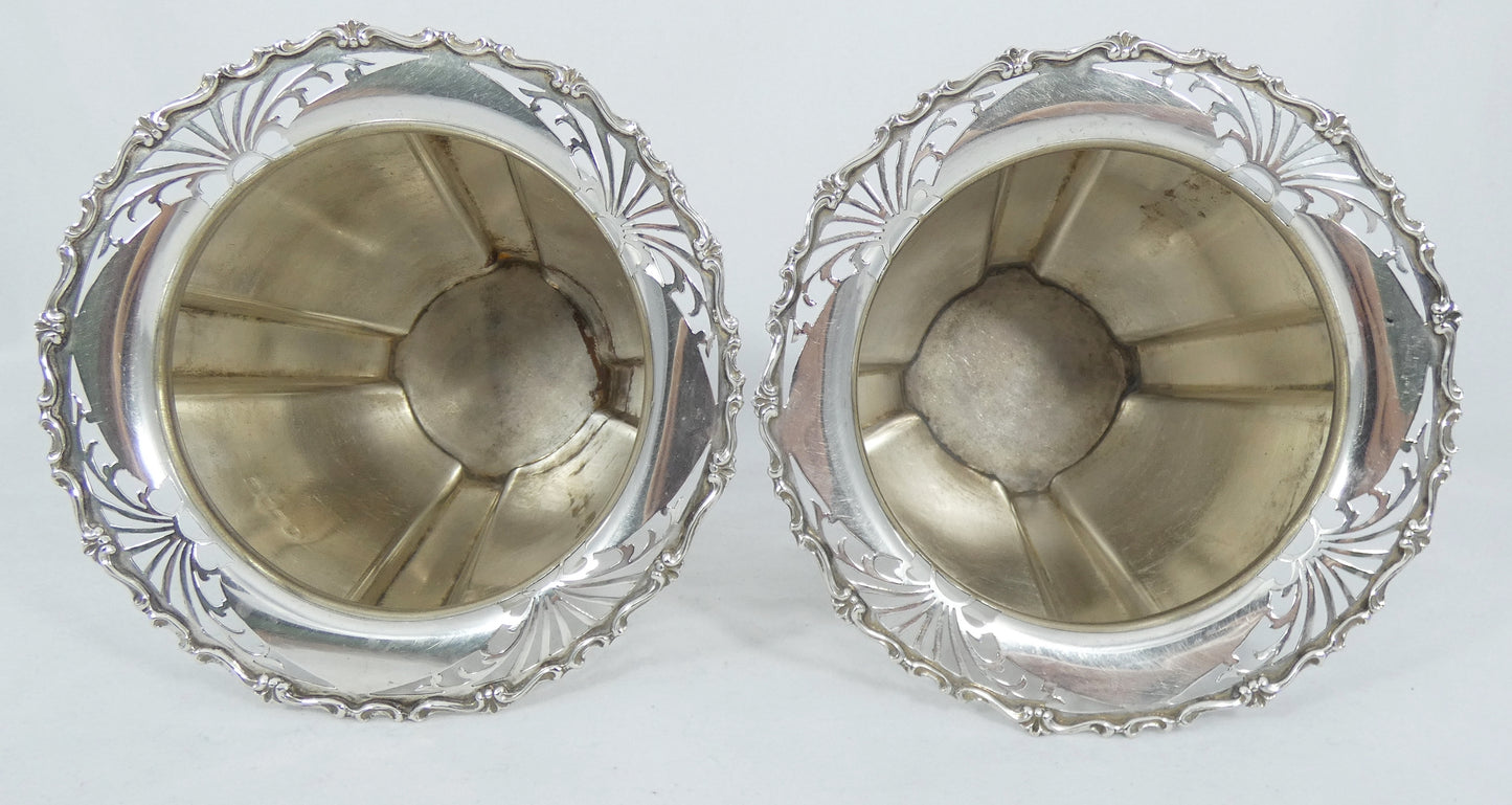 Antique Edwardian 1910 Pair of Sterling Silver 12cm Mantle Flower Vases Pots Set